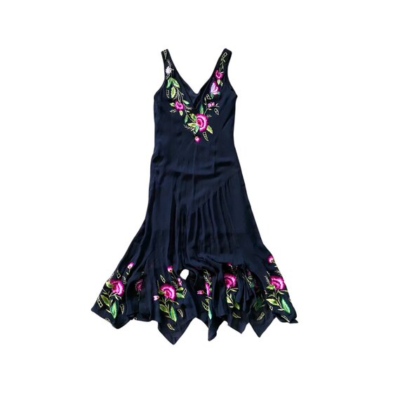 Caché 1990's Hand-Embroidered Floral Embroidered Silk Dress - Picture 5 of 5